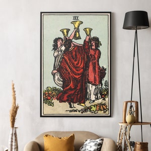 Three of Cups Tarot Card Canvas Wall Art Reproduction, Witchy Painting Print, Tarot Poster