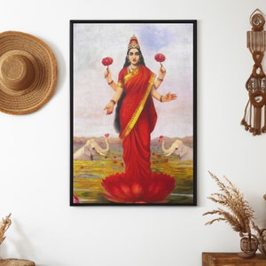 Goddess Lakshmi Canvas Wall Art, Hindu Religious Print, Mantra Poster, Ravi Varma Painting