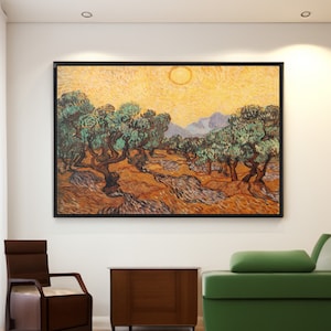 Olive Trees with Yellow Sky and Sun by Vincent van Gogh Canvas/Poster Wall Art, Abstract Landscape Print