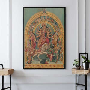 Shri Shri Durga with Mahisha Trisula Lakshmi Saraswati Canvas/Poster Wall Art, India Art Print, Goddess Artwork