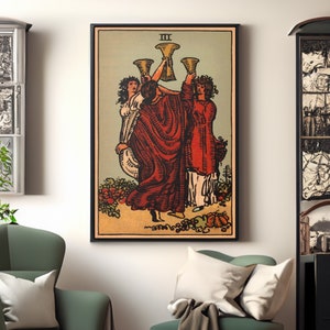 3 of Cups Tarot Card Canvas Wall Art Reproduction, Psychic Painting Print, Tarot Poster