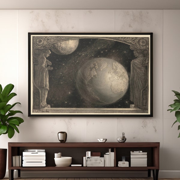 La Terre, la Voie lactée et la Lune par Wladyslaw T. Benda Reproduction d'art mural toile/affiche, impression de peinture astronomie