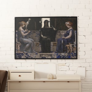 May include: A painting depicting three figures in a mystical setting. Two women, one in a blue dress and the other in a white dress, are seated on a throne-like structure. A cloaked figure stands between them, holding a feather. The background features a dark forest and a blue and white tiled floor.