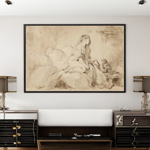 A Young Woman and Her Loyal Dog Canvas/Poster Wall Art, Vintage French Print, Moody Decor