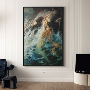 Gustav Wertheimer The Kiss of The Siren Canvas/Poster Art Reproduction, Siren Art Print, Greek Mythology Wall Art, Romanticism Painting