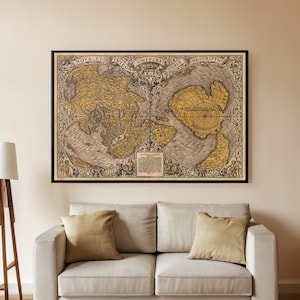 Mapa do mundo vintage (1531) de Oronce Tela fina/poster arte de parede, impressão de arte retrô, mapa antigo da tela do mundo, decoração de mapa ilustrativo