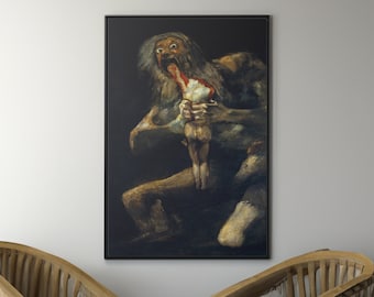 Può includere: Un dipinto scuro e drammatico di una figura mostruosa con una lunga barba bianca, che tiene una piccola figura nuda tra le mani. La figura mostruosa ha una bocca spalancata, che rivela un interno sanguinante.
