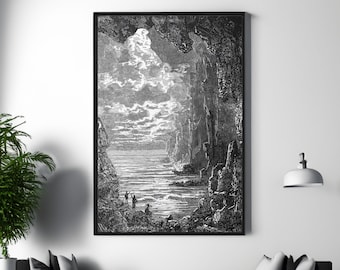 May include: Black and white illustration of a cave opening with a view of a body of water. The cave is dark and shadowy, with a few figures standing at the entrance. The water is calm and reflective, with a few small waves.