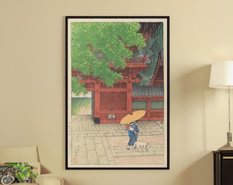 Lámina artística japonesa de Kawase Hasui: Santuario Sanno, lluvia de principios de verano