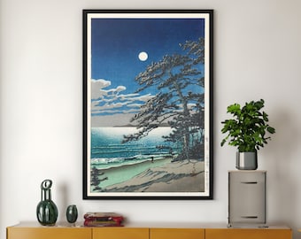 川瀬巴水作「二宮海岸の春月」日本美術版画、木版画、ジクレー、版画