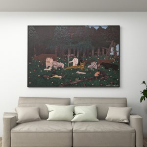 May include: A framed painting depicting a scene from the Bible, with a man in a white robe standing in a forest with animals surrounding him. The painting is in a dark frame and has a green and brown color scheme.