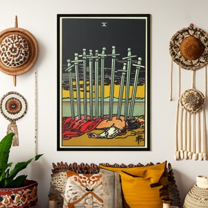 Ten of Swords Tarot Card Canvas Wall Art Reproduction, Psychic Painting Print, Boho Decor, Tarot Poster
