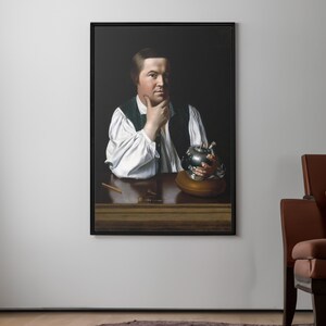 May include: A portrait painting of a man in a white shirt and a dark vest, holding a silver teapot. He is seated at a table with a wooden surface. The background is dark.