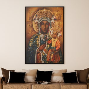 Black Madonna Canvas Wall Art, Our Lady of Czestochowa, Vintage Religious Art Print, Black Virgin Mary Poster