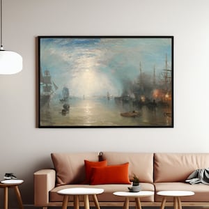 May include: A painting of a seascape with ships at anchor in a harbor. The sky is a pale blue with wispy clouds and the water is a calm, reflective blue. The ships are silhouetted against the light of the moon, which is visible in the sky.