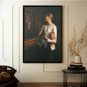 聖母子を見つめる母と子 キャンバス/ポスター 壁アート複製、カトリック絵画プリント