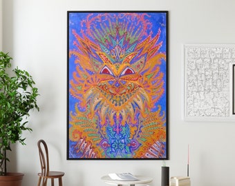 Louis Wain Psychedelic Cat Canvas/Poster Wall Art Reproduction, Colorful Animal Painting Print Framed