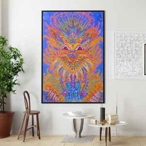 ルイス・ウェイン サイケデリック キャット キャンバス/ポスター ウォールアート 複製、カラフルな動物の絵画プリント 額入り