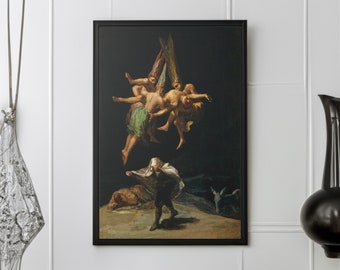 Könnte beinhalten: Ein gerahmtes Gemälde, das eine Szene mit fünf Figuren darstellt, von denen vier in der Luft fliegen. Die Figuren sind in farbenfrohe Kleidung gekleidet und scheinen in Bewegung zu sein. Die fünfte Figur steht auf dem Boden und blickt zu den fliegenden Figuren auf. Das Gemälde ist vor einem dunklen Hintergrund platziert.