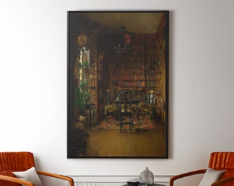 May include: A painting of a library room with bookshelves lining the walls and a table with chairs in the center. The room is lit by a chandelier and there is a window in the back wall.