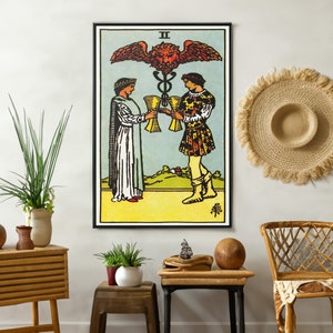 Riproduzione di arte da parete su tela di carte dei Tarocchi di due coppe, stampa di pittura psichica, poster di tarocchi