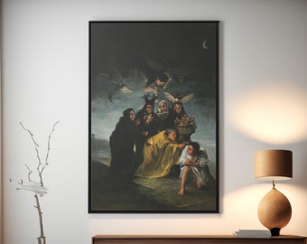May include: A dark, dramatic painting depicting a group of figures in hooded robes standing around a young person. The figures are gathered on a rocky shore with a crescent moon in the sky. The painting has a mysterious and unsettling atmosphere.