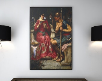 May include: A painting of a woman in a red dress holding a cup and a man in armor holding a spear. They are sitting on a stone bench in a forest setting.