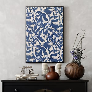 Pigeons in White and Blue Canvas/Poster Wall Art Reproduction, Abstract Bird Painting Print