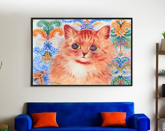 Louis Wain Cat Canvas Wall Art, Vintage Animal Illustration, Orange Cat Art Print Framed, Museum Poster