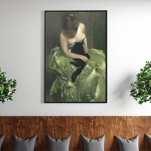 The Woman in the Green Dress John White Alexander Canvas/Poster Wall Art Reproduction, Black Cat Print Vintage, Antique Woman Portrait