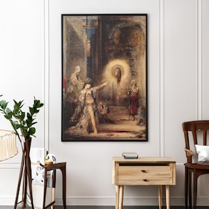 May include: A painting depicting a woman in a flowing robe reaching out towards a glowing figure with a halo. The scene is set in a dimly lit room with architectural details.