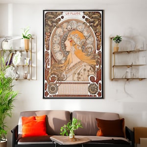 Alphonse Maria Mucha Zodiac Canvas Wall Art Reproduction, Art Nouveau Poster, La Plume Vintage Painting Print Framed