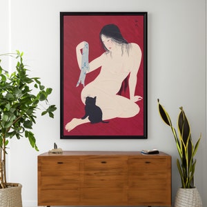 Japanese Woman and Cat Canvas/Poster Wall Art, Vintage Woodblock, Japan Art Reproduction, Cat Art Print
