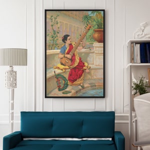 A Seated Indian Woman Plays a Sitar by Raja Ravi Varma Canvas/Poster Wall Art Reproduction, Hindu Painting Print