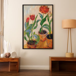 Three Pots of Tulips by Claude Monet Canvas/Poster Wall Art Reproduction, Flower Painting Print