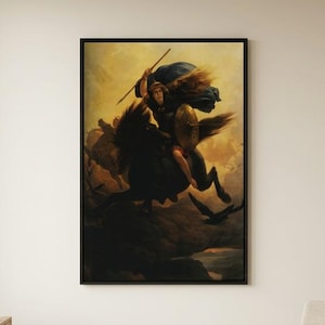May include: A framed painting showing a warrior on horseback in a dynamic pose. The artwork uses a dark colour palette, highlighting the rider and horse against a golden sky. The painting is displayed in a contemporary interior setting.