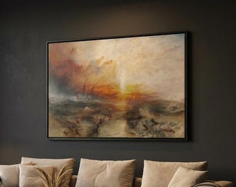 Reprodução em tela da obra "O Navio Negreiro" de JMW Turner, impressão de pintura romântica, pôster de paisagem.