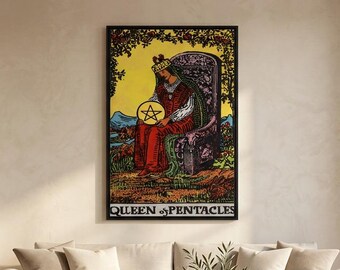 Queen of Pentacles Tarot Card Canvas Wall Art Reproduction, Psychic Painting Print, Tarot Poster