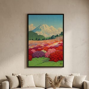 View of an Azalea Garden and Mount Fuji by Kawase Hasui Wall Art Print