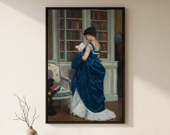 Stampa di Auguste Toulmouche: riproduzione di un dipinto d'epoca di una biblioteca francese