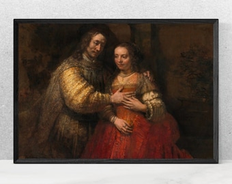 May include: A framed oil painting depicting a couple standing together in a garden setting. The man is wearing a yellow robe and the woman is wearing a red dress. The painting is set against a dark background.