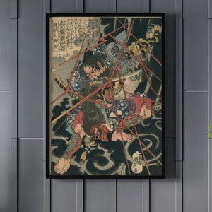 Utagawa Kuniyoshi Ino Hayata Hiranao Seizing the Nue Monster Canvas/Poster Wall Art, Kuniyoshi Art Print, Japanese Samurai Art
