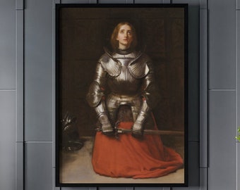 May include: A painting of a woman in full armor kneeling with a sword in her hands. She is wearing a red skirt and a silver breastplate. The background is dark.
