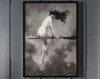 Witch on Broom Albert Joseph Penot Depart pour le Sabbat Canvas/Poster Art Reproduction, Witch Art Print, French Wall Art