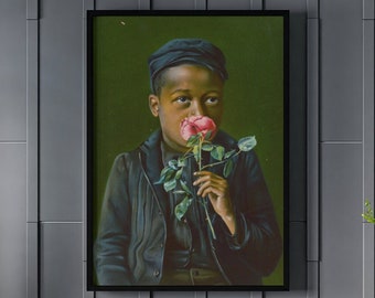 Arte de pared de lienzo de niño afroamericano, impresión de arte de niño negro, cartel de niño oliendo una rosa