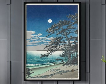 Hasui Kawase Spring Moon en Ninomiya Beach Canvas/Poster Wall Art, Hasui Kawase Art Reproduction, Shin Hanga Style, Landscape Print