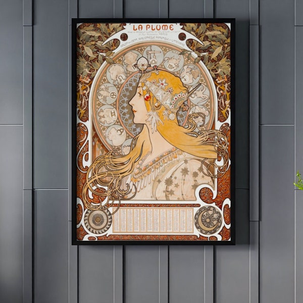 Alphonse Maria Mucha Zodiac (La Plume) Canvas/Poster Art Reproduction, Art Nouveau Poster, Zodiac Wall Art, Vintage Wall Art Framed