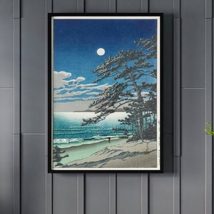Hasui Kawase Spring Moon at Ninomiya Beach Canvas/Poster Wall Art, Hasui Kawase Art Reproduction, Shin Hanga Style, Landscape Print