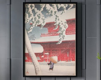 Impresión Kawase Hasui: Nieve en el templo Zojoji, arte japonés Ukiyo-e