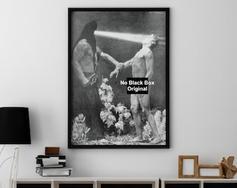 May include: A black and white photograph of two figures, one with a hooded cloak and the other nude, with a beam of light emanating from the hooded figure's hand. The text "No Black Box Original" is printed on the image.